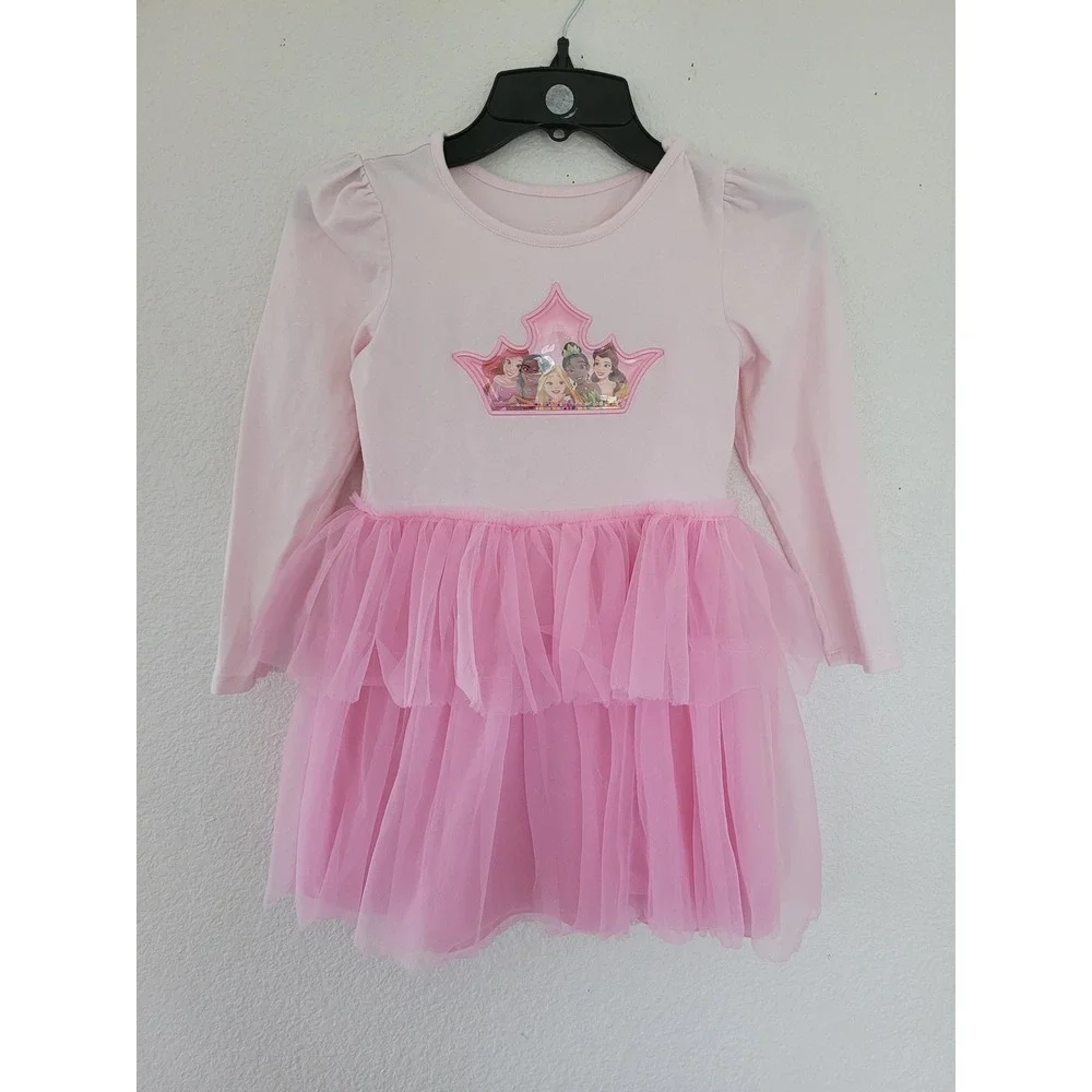 Disney Princess Girls Pink Tulle Tutu Dress Long Sleeve Crown‎ Graphic 5-6 #7